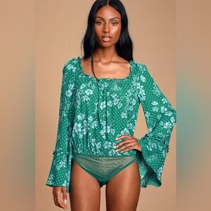 FREE PEOPLE One On One Date Green Floral Print Long Sleeve Bodysuit